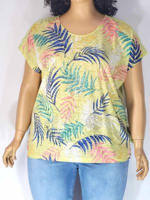 Дамска макси  блуза с  къс ръкав  в големи размери с щампа на листа в жълто 01 01435
