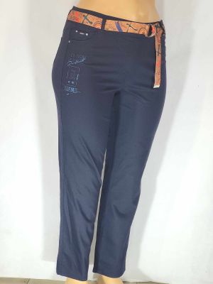 Дамски макси еластичен  панталон в големи размери с нежна бродерия и колан в тъмно синьо   03 00468