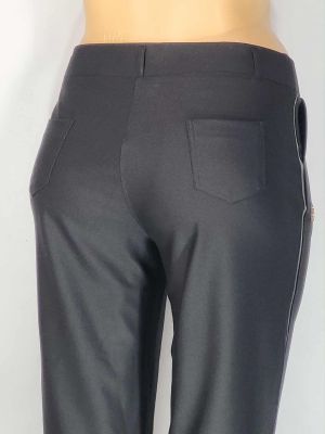 Дамски макси много еластичен плътен панталон в големи размери с кант кожа отстрани на крачола в черно  03 00557