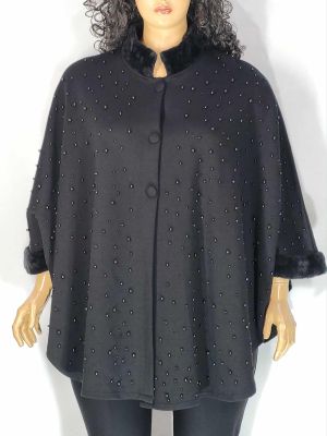 Дамско макси пончо в големи размери  от плетена материя еко кожа и перли 06 00276