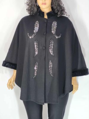 Дамско макси пончо в големи размери  от плетена материя еко кожа и апликация камъни 06 00277