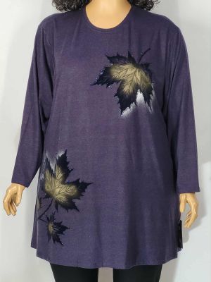 Дамски макси разкроен блузон в големи размери с щампа и камъчета от кашмирено трико в тъмно синьо   01 01520