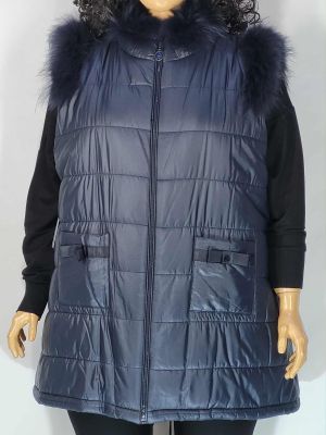 Дамски макси  зимен елек  в големи размери с ефектни кожи в тъмно синьо   06 00279