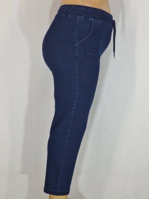 Дамски макси спортни плътни  еластични дънки в големи размери изчистени с маншет в  синьо     02 00560