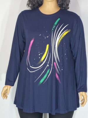 Дамска макси блуза в големи размери трико в синьо с щампа   01 01536