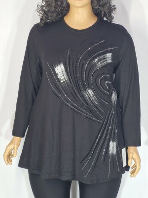 Дамска макси блуза в големи размери от трико в черно с щампа камъчета   01 01542