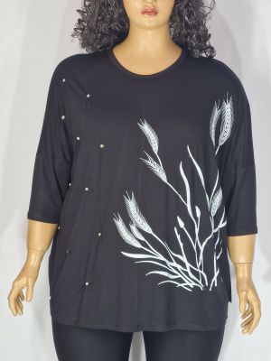 Дамска макси блуза в големи размери от  трико с  щампа  и камъчета   в черно   01 01553