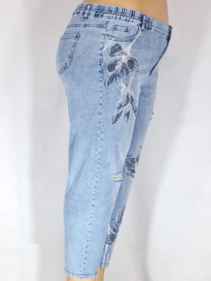 Дамски макси дънки в големи размери с  интересна щампа цветя и камъни в синьо 02 00573