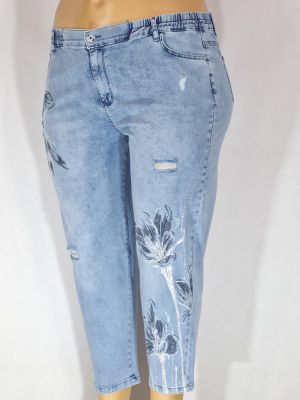 Дамски макси дънки в големи размери с  интересна щампа цветя и камъни в синьо 02 00573