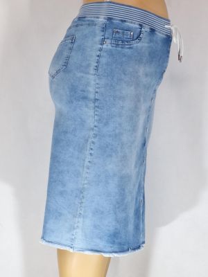 Дамска макси еластична дънкова  права пола в големи размери  с връзки на ластик с ефект копчета отпред  в   синьо 04 00112