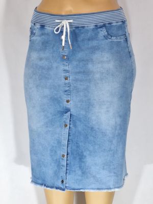 Дамска макси еластична дънкова  права пола в големи размери  с връзки на ластик с ефект копчета отпред  в   синьо 04 00112