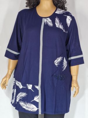 Дамски макси разкроен блузон в супер големи размери с щампа в синьо 10 00112