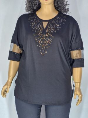 Дамска макси блуза в големи размери от  трико с 3/4 ръкав,тюл и  щампа от камъчета  в черно   10 00116