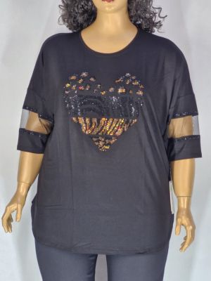 Дамска макси блуза в големи размери от  трико с 3/4 ръкав,тюл и  щампа от камъчета сърце  в черно   10 00117