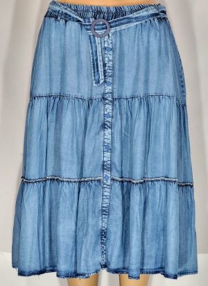 Дамска макси  тънка дълга дънкова  пола в големи размери на волани и ластик  04 00115