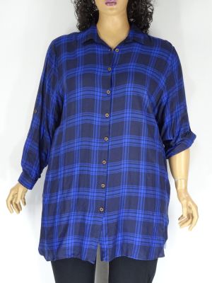 Дамска макси риза в синьо каре  по-дълъг модел 01 00731