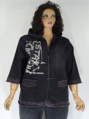 Дамско пролетно дънково черно яке в големи размери с джобове и качулка 06 00099