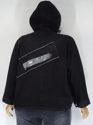 Дамско пролетно дънково черно яке в големи размери с прилеп ръкав 06 00100