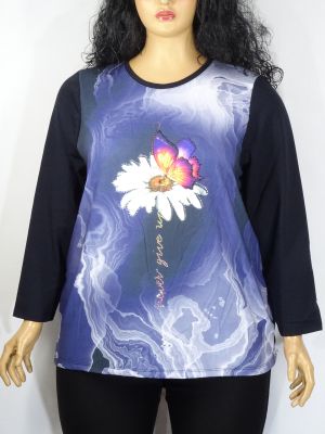Дамска макси блуза в големи размери от  трико с щампа и камъчета 01 01119