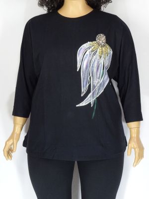 Дамска макси блуза от тънко трико с щампа и камъчета  бие в два цвята  01 01164