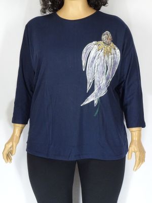 Дамска макси блуза от тънко трико с щампа и камъчета  бие в два цвята  01 01164