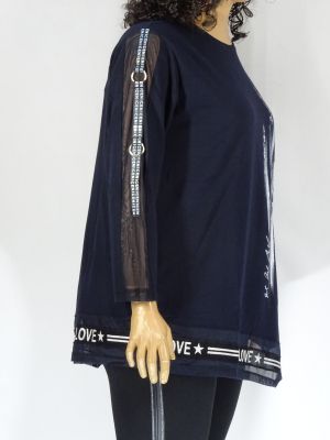 Дамска макси блуза от тънка вата с щампа и тюл на ръкава  бие в два цвята  01 01167
