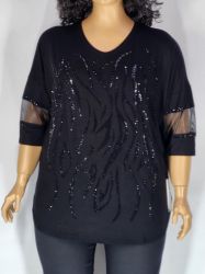 Дамска макси блуза в големи размери от  трико с 3/4 ръкав,тюл и  щампа от камъчета  в черно   10 00120