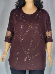 Дамска макси блуза в големи размери от  трико с 3/4 ръкав,тюл и  щампа от камъчета  в кафяво   10 00121