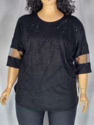 Дамска макси блуза в големи размери от  трико с 3/4 ръкав,тюл и  щампа от камъчета  в черно   10 00122