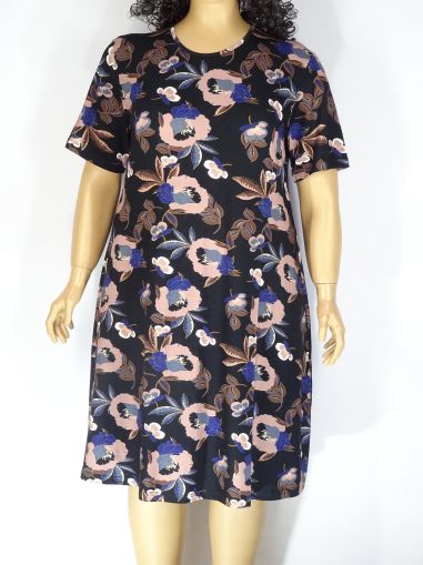 Дамска макси рокля от щампирано трико с къс ръкав в големи размери с  05 00275