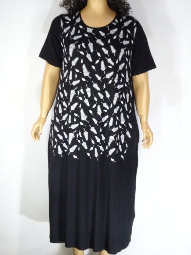 Дамска макси рокля от щампирано трико с къс ръкав в големи размери с джобове в черно   05 00290