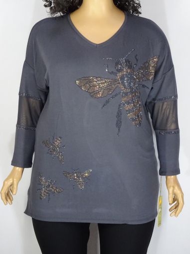 Дамска макси блуза в големи размери от  трико с щампа от камъчета и тюл на ръкава   01 01297