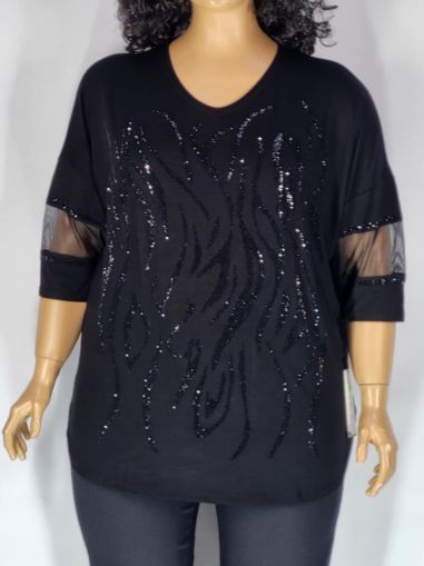 Дамска макси блуза в големи размери от  трико с 3/4 ръкав,тюл и  щампа от камъчета  в черно   10 00120