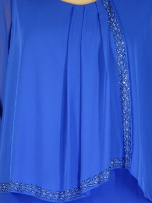 Дамска макси официална рокля от трико и шифон с камъни в турско синьо 05 00237