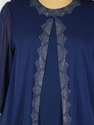 Дамска макси официална рокля от трико и шифон с камъни в тъмно синьо 05 00238