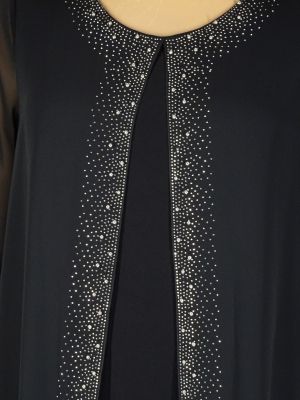 Дамска макси официална рокля от трико и шифон с камъни в черно 05 00240