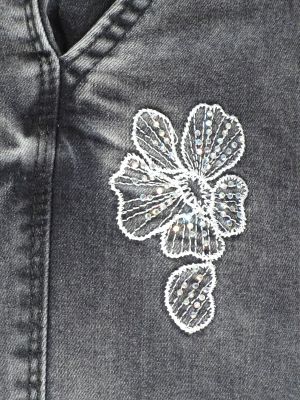Дамски макси  летни еластични дънки в големи размери с нежни камъчета и бродерии на цветя в сиво  02 00370