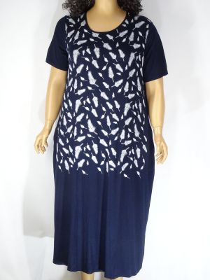 Дамска макси рокля от щампирано трико с къс ръкав в големи размери с джобове в синьо   05 00291