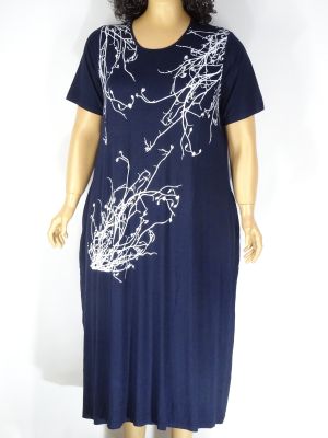 Дамска макси рокля от щампирано трико с къс ръкав в големи размери с джобове в синьо   05 00295