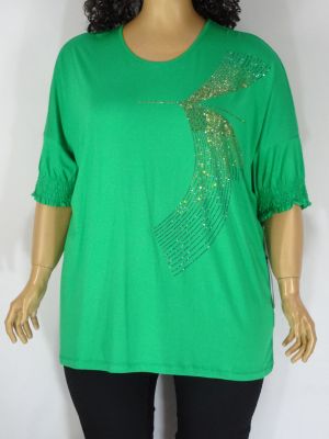 Дамска макси  блуза в големи размери от трико с интересна щампа от камъчета в зелено 01 01279