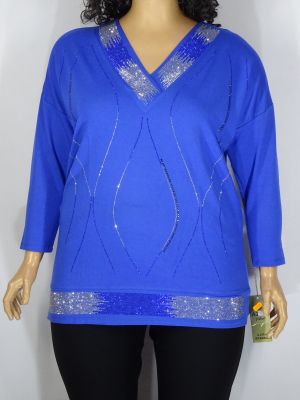 Дамска макси блуза в големи размери от  трико с  камъчета и шпиц деколте в турско синьо  01 01301