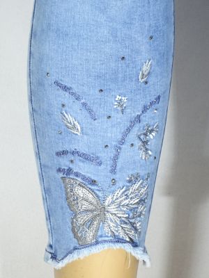 Дамски макси  слим дънки в големи размери с апликация пеперуда и камъчета в синьо  02 00429