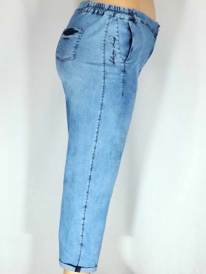 Дамски макси спортни тънки еластични дънки в големи размери с цип и ластик отстрани в синьо    02 00455