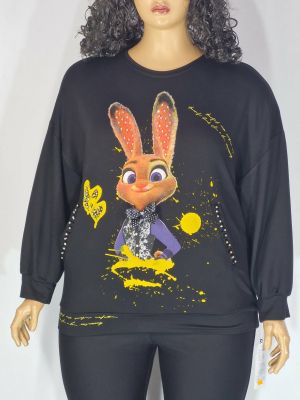 Дамска макси блуза в големи размери от плътно  трико с интересна щампа заек  и камъчета   в черно   01 01557